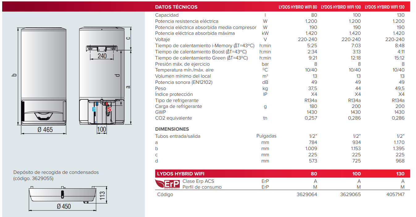 Especificaciones técnicas del Termo ARISTON LYDOS HYBRID WIFI 130